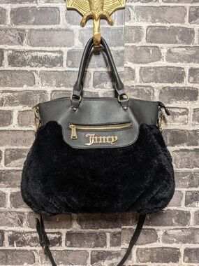 VINTAGE Juicy Couture Black Fur Tote Bag w/ Gold Hardware
